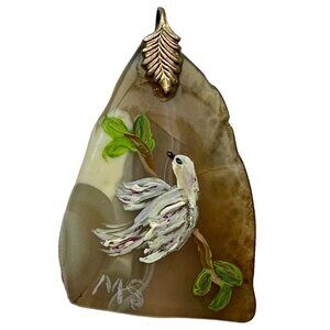 VTG Agate Stone Pendant 1.5" Painted Bird Perched Brass Tone Accent Leaf Signed‎
